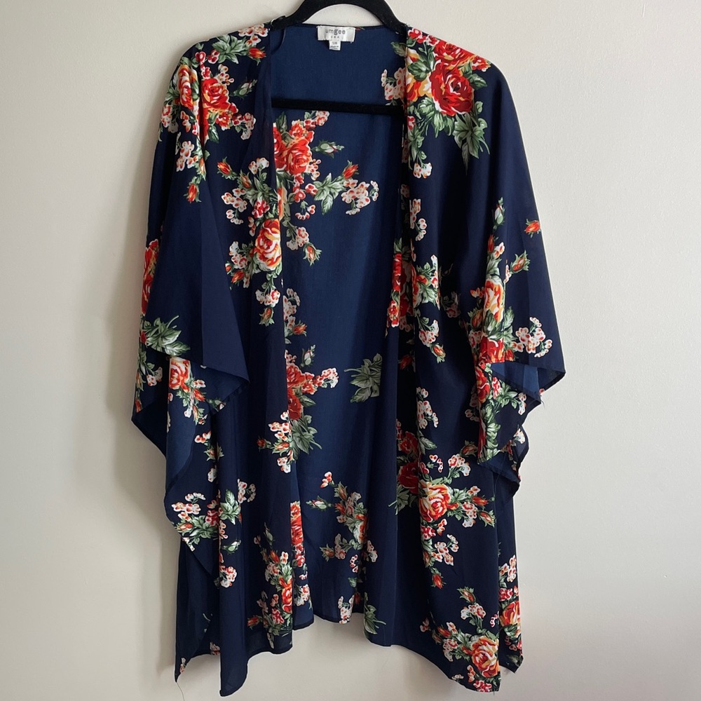 Umgee Navy and Orange Floral Print Kimono Size Small/Medium